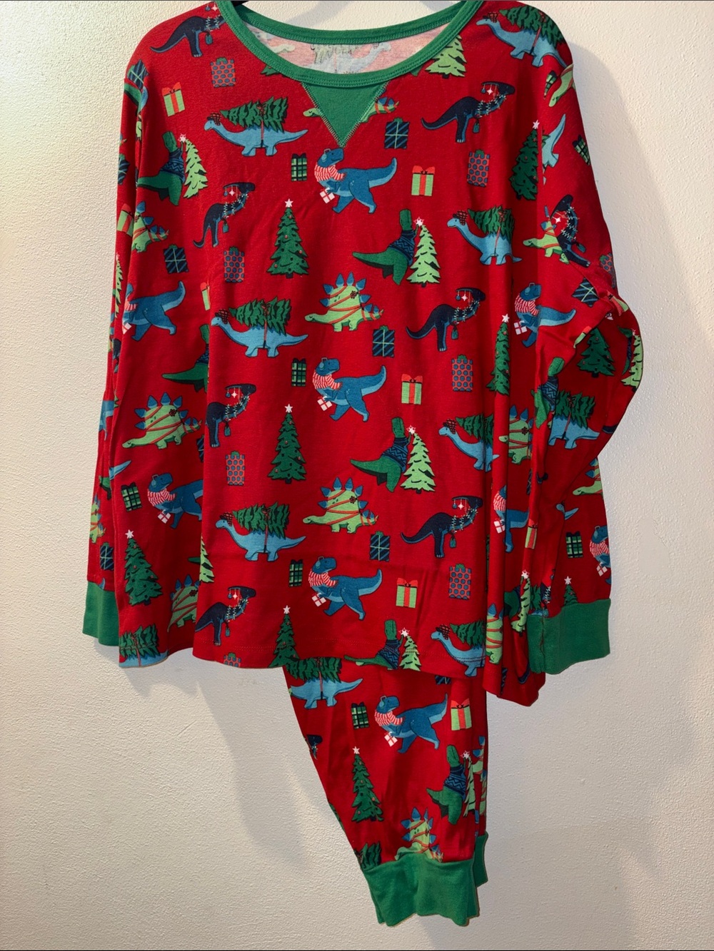 Womens 3X Red  Dinosaur Holiday Pajama Set with Green Trim